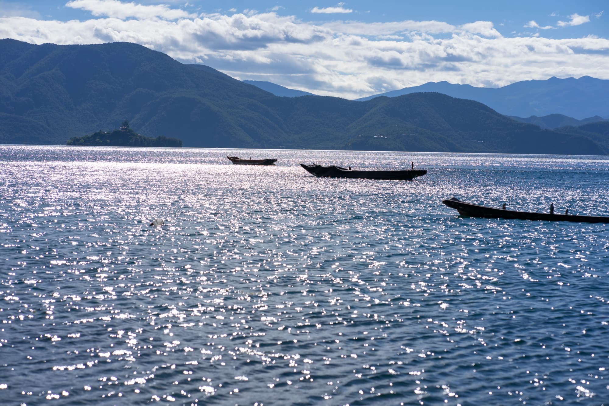 Boats on Lugu Lake